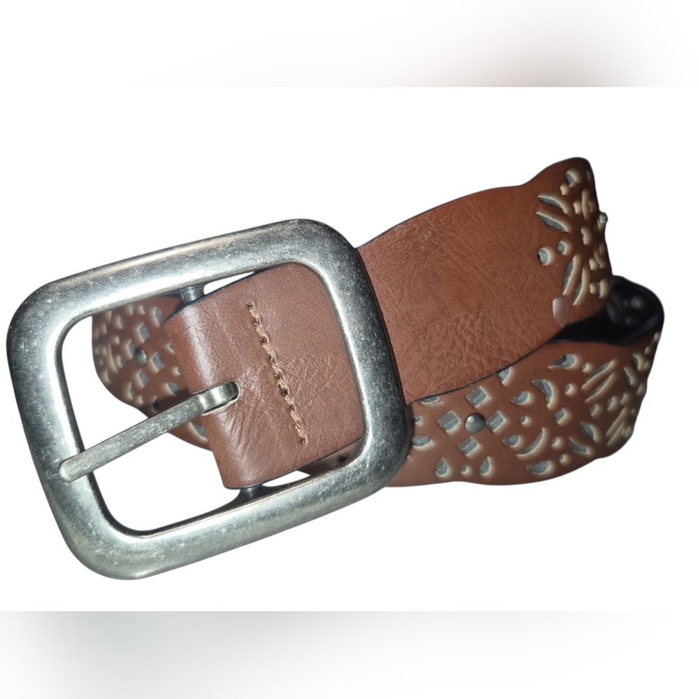 Brown Laser Cut Scalloped Boho Waist Belt Size M 39 Inches Long